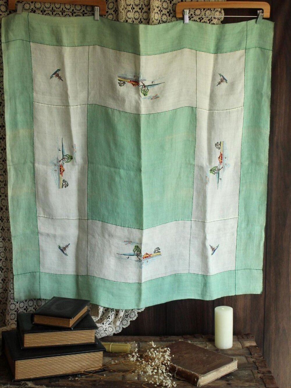 Vintage 1930s Tablecloth, Square Asian Pagoda Embroidered Linen